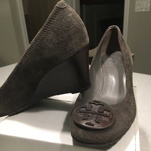 Tory Burch Logo Suede Wedges.